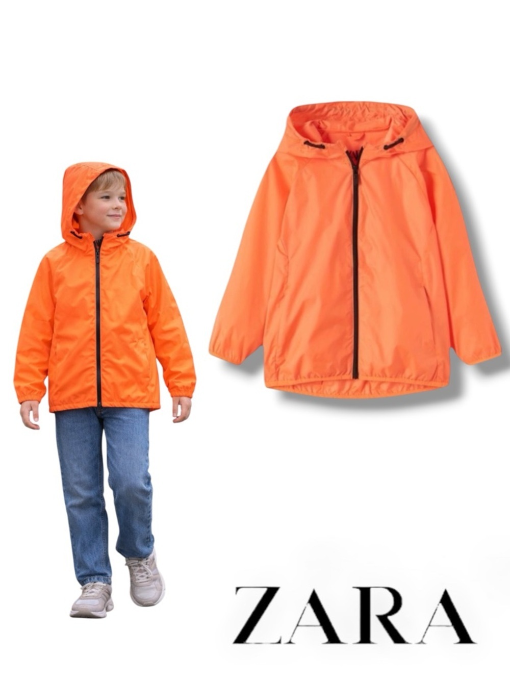 ZARA Boys Neon Orange Hooded Rain Jacket NWT Size 10